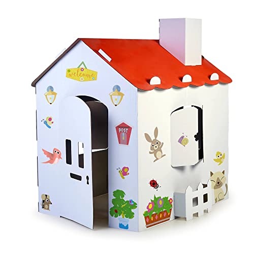 FEBER - Carton House, großes Spielhaus aus Karton für Kinder, zum Bemalen, Ausmalen und Spielen, mit lustigen Aufklebern, Ökohaus, für Jungen und Mädchen ab 3 Jahren, Famosa (FEB06000)