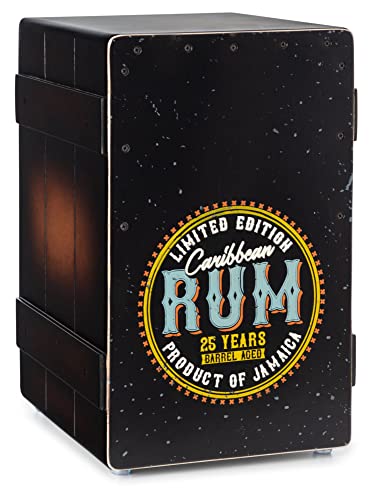 XDrum Design Series Cajon “Rum” - Designer-Cajon mit Vintage-Aufdruck - Integrierter Bass Port - Korpus aus HPL in Bananenkisten-Optik - Fest installierter Snare-Teppich