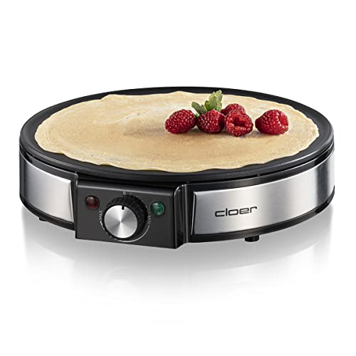 Cloer 6630 Crêpes-Maker, für süße oder herzhafte Crepes mit 30 cm Ø, 1200 W, Antihaftbeschichtung, inkl. Teigverteiler aus Holz und Wender, schwarz