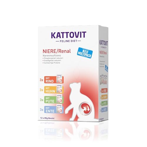 KATTOVIT - Niere/Renal Multipack Nassfutter für Katzen | Katzen-Nassfutter zur Unterstützung der Nierenfunktion für ausgewachsene Katzen. Diätfutter als Alleinfuttermittel im Frischebeutel |