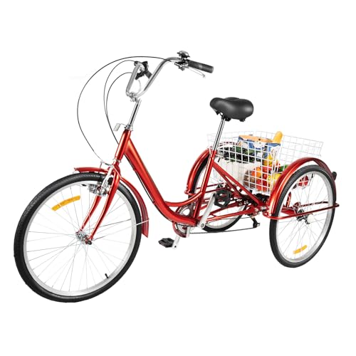 Ealtqund Dreirad für Erwachsene 24 Zoll 6 Gang 3 Rad Fahrrad mit Einkaufskorb Erwachsenendreirad bis 120KG Belastbar Dreirad höhenverstellbar Tricycle Fahrrad Cruiser Bikes für Senioren, Rot