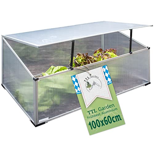 TTL Garden Frühbeet Aufsatz 100x60x40cm Alu & Polycarbonat - Hochbeet Kasten Mini Gewächshaus Frühbeetkasten 100 cm lang 60 cm breit, Wärme & Schutz für Pflanzen im Frühjahr, Deckel einstellbar