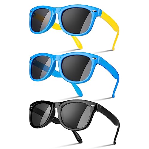 Utensilsto 3 Stück Sonnenbrille Kinder Polarisiert Flexible Sonnenbrille Silikon Rahmen Sonnenbrille Für Jungen Mädchen 4-8 Jahre(Schwarz+Blau)