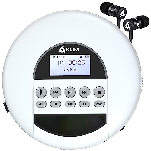 KLIM Nomad - NEU 2024 - Tragbarer CD-Player Discman mit langlebigem Akku - Inklusive Kopfhörer - Kompatibel mit CD-R, CD-RW, MP3 - Mit TF-Reader, Radio FM, Bluetooth - Ideal für Autos - Weiß