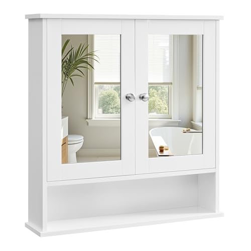 VASAGLE Spiegelschrank, Badschrank, Wandschrank, Hängeschrank mit 2 Spiegeltüren und offenem Fach, verstellbare Ablage, Wandmontage, 13 x 56,5 x 58,5 cm, Weiß LHC002
