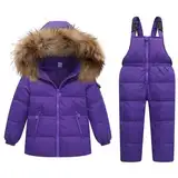 Kinder Daunenjacke Schneeanzug mit Künstliches Fell Kaputze Bekleidungsset Mädchen Jungen Verdickte Winterjacke + Schneehose Daunenhose Kinderskianzug, Lila 3-4 Jahre