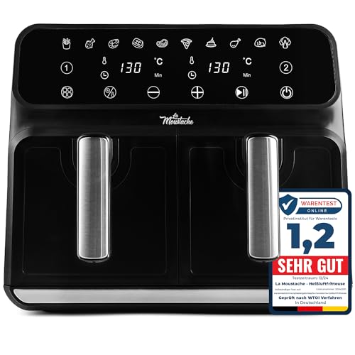 La Moustache - Heißluftfritteuse 8L mit 2 Separaten Körben, Ölfreie Fritteuse 1700W, 10 Programmen, Air Fryer Digital Control, Antihaftbeschichtete, Timer, Inkl. E-Book mit Rezepten (DuoFry Black)