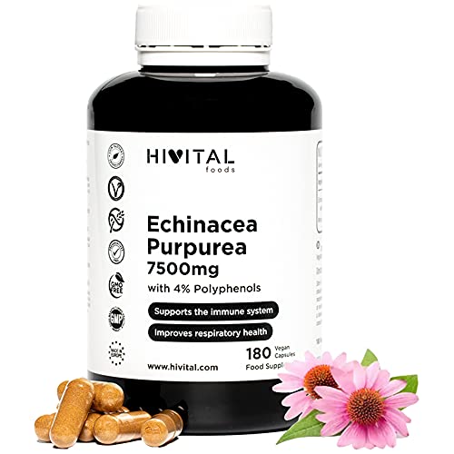 Echinacea 7500 mg. 180 vegane Kapseln für 6 Monate. Echinacea Purpurea-Extrakt mit 4% Polyphenolen zur Stärkung der Abwehrkräfte und des Immunsystems sowie zur Unterstützung der oberen Atemwege