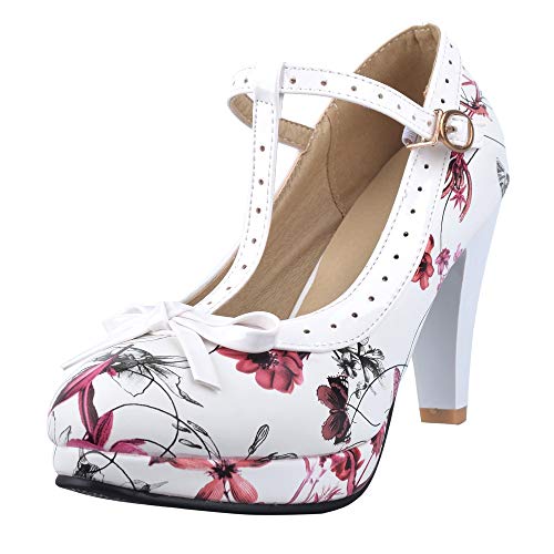 CuteFlats Damen Süß T-Strap Bogen Pumps mit Blockabsatz (Flower, 35 EU)