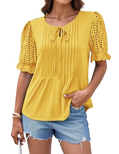 GRACE KARIN Stretch-Strickblusen für Damen Lockere Passform Vielseitiges Pullover-Oberteil Plissee Auf Der Brust Hellgelb S