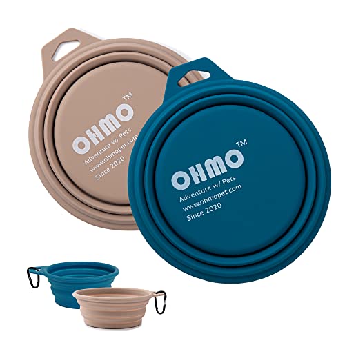 OHMO Faltbare Hundenapf, (2 Stück 400ml, Blau&Beige) Premium Silikon Haustier Wassernapf für Katzen & Hunde, Tragbare Hundereise-Napf Faltbar für Outdoor Camping Wandern