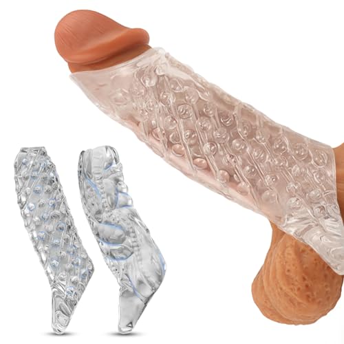 AMZII 2-er Penishülle Set,Penis Sleeve Dildo Penismanschetten mit Rutschfest Hodenringe Penisring Vorhaut Rückhaltung Eichelring,Cockring Penis Extender für Penisvergrößerung (D,Transparent)