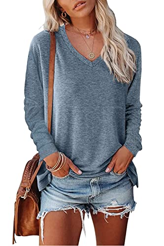 FANGJIN Damen Pullover Shirt Oversize Einfarbig locker Oberteile V-Ausschnitt Tshirt Lang Langarmshirt Winter T-Shirt Bluse Elegant Longshirt Blau XL