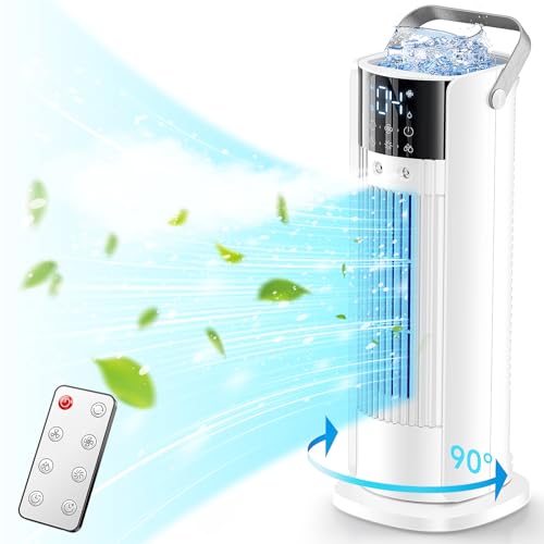 Klimaanlage Mobil Klimagerät ohne Abluftschlauch, 4-In-1Luftkühler Ventilator mit Wasserkühlung, Leise Mini Klimagerät mit Fernbedienung, 10h Timer 700ml Wassetank Auto 90° Oszillation, Weiß