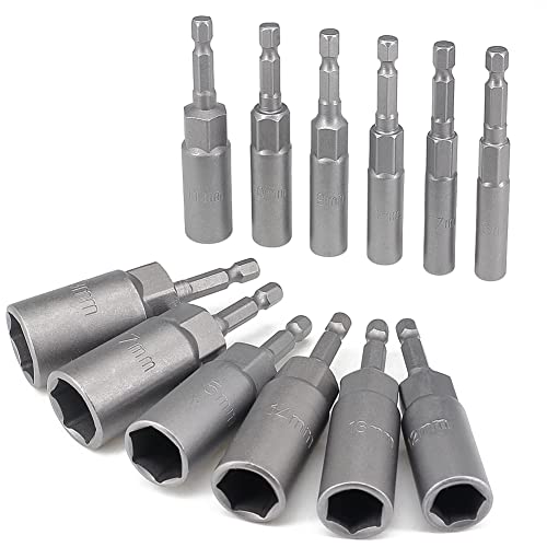 imatenn steckschlüsseleinsätze 1/4, Tiefer Schlagschrauber, Steckschlüssel, Stecknüsse Adaptern 1/4", 6-19mm Stecknuss Nuss adapter, Erweiterung für Akkuschrauber und Schrauber,12 Stück, 80mm Länge