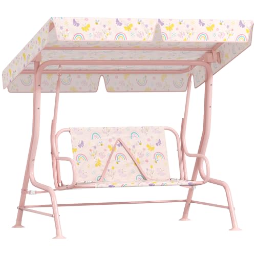AIYAPLAY Kinder Hollywoodschaukel 2-Sitzer Kinderschaukel mit verstellbarem Sonnendach, Sicherheitsgurt Gartenschaukel für 3-6 Jahre Kinder Rosa 110 x 74 x 113 cm