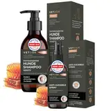 VETDOK® Dr. Winkler Dermatologisches Anti Juckreiz Set, Medizinisch basierte Wirkstoffe Chlorhexidin & Manuka Honig, Hundeshampoo 250ml und Anti Juckreiz Spray 75ml vom Tierarzt entwickelt