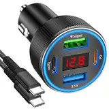 Zigarettenanzünder USB C, USB Zigarettenanzünder Adapter 12v USB Adapter Auto kfz Ladegerät Schnellladegerät für iPhone Samsung Telefon Tablets (Schwarz & Kabel)