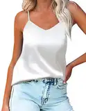 Ekouaer Damen Satin Tank Top Basic Cami Weste Shirt Lässiges V-Ausschnitt Cami Ärmellose Blusen Weiß M