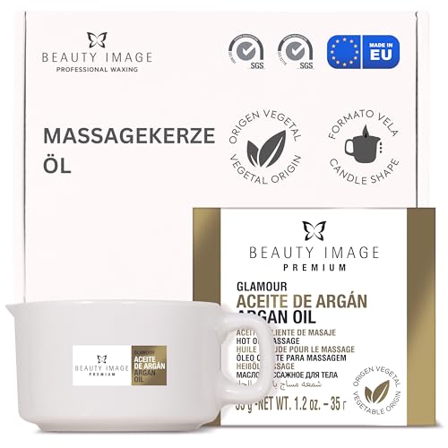 BEAUTY IMAGE Massagekerze – Bright Glamour Gold Farbe – Mit Arganöl. 2 bis 3 Ganzkörpermassagen. Heißes Öl für die professionelle Massage. Sinnliche Massage.