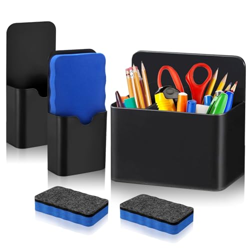 3 Stück Whiteboard Zubehör, Stifthalter Magnetisch, Magnetische Aufbewahrung für den Kühlschrank, mit 2 Magnetische Whiteboard-Schwämme, Ideal für Kühlschrank, Büro, Schule und magnetische Oberflächen