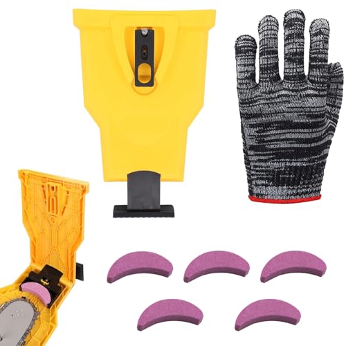 Kettenschärfer,Kettensäge Schärfgerät,Kettensägenschärfer,Tragbar Kettensäge Schärfgerät,Schärfset,Mit 5 Schleifstein Und 1 Stück Kettensäge Schärfgerät Und 1 Paar Handschuhe