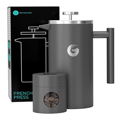 Coffee Gator French Press Kaffeebereiter - Thermo-Kaffeekanne aus Edelstahl für länger heißen Kaffee - 1 Liter – Grau - Inkl. Reise-Kaffeedose