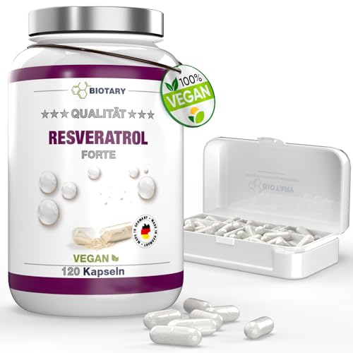 Resveratrol 120 Kapseln 500 mg, 4 Monate Vorrat, Inclusive Pillenbox, Laborgeprüft, Vegan, 98% Trans-Resveratrol aus japanischem Staudenknöterich Wurzel-Extrakt, Ohne Magnesiumstearat