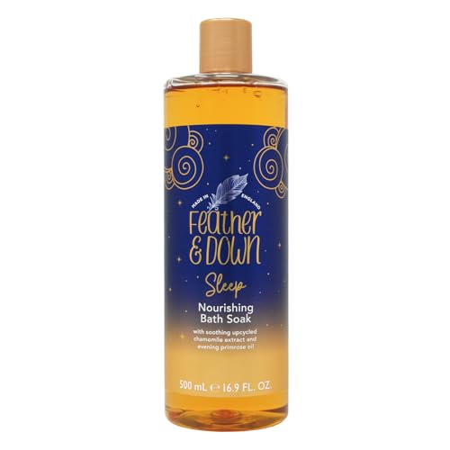 Feather & Down Pflegender Badezusatz (500ml) – mit wohltuendem aufbereitetem Kamillenextrakt und Nachtkerzenöl. Pflegen Sie Ihren Körper und beruhigen Sie Ihren Geist. Ohne Tierversuche. Vegan.