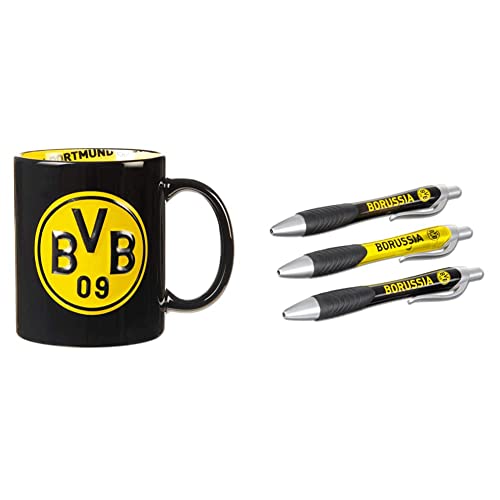 Borussia Dortmund BVB-Tasse mit Innendekor, Schwarz, Einheitsgröße (1er Pack) & BVB-Kugelschreiber (3er-Set)