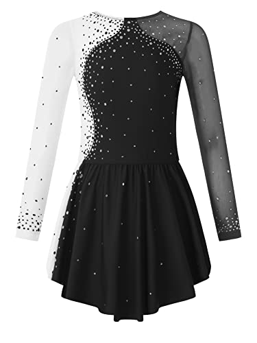 CHICTRY Kürkleider Eiskunstlauf Mädchen Strass Glitzer Ballerinas Kleid Kinder Langarm Ballettanzug Patchwork Body Mit Asymetrisch Wickelrock Dancewear Schwarz 170-176