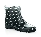 LEMIGO Damen Gummistiefeletten Kurze Gummistiefel Knöchel Regenstiefel Elke 36-42 EU (Schwarz mit Weißen Tupfen, EU Schuhgrößensystem, Erwachsene, Numerisch, M, 38)