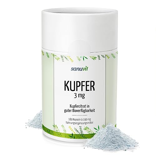 Sanuvit® - Kupfer 3 mg | 180 Kapseln | Qualität aus Österreich | Kupfercitrat hochdosiert mit 3 mg hochwertigen Kupfer pro Kapsel | Hohe Bioverfügbarkeit | Vegan