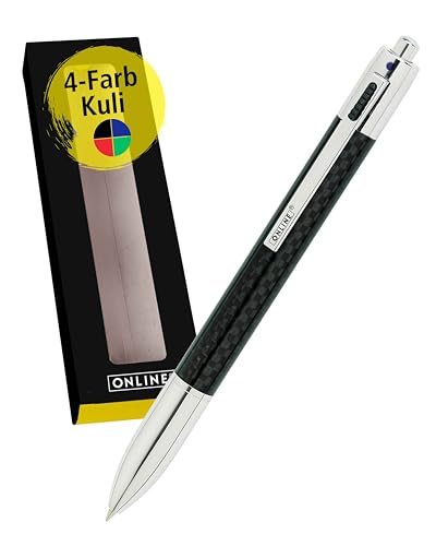Online 4-farbiger Carbon-Kugelschreiber | Multifunktionsstift | mit 4 D1-Kulli-Minen — blau, rot, grün, schwarz | nachfüllbarer Kugelschreiber | Carbon Design in Geschenkbox