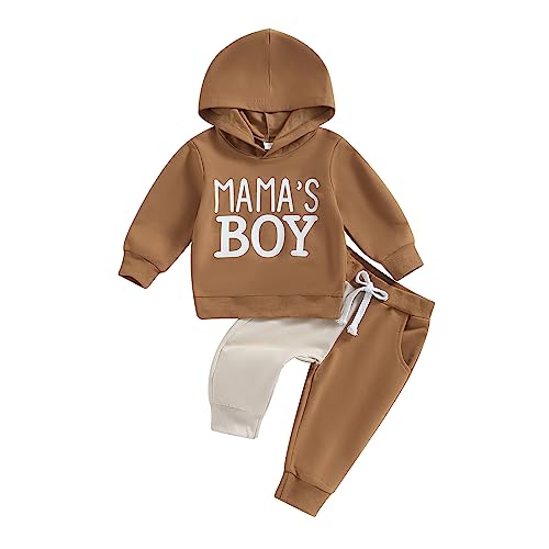 Geagodelia Baby Jungen Kleidung Outfit Babykleidung Set Langarm Kapuzenpullover Top + Hose Neugeborene Weiche Babyset Zweiteiler Patchwork (A - Kaffee, 0-6 Monate)