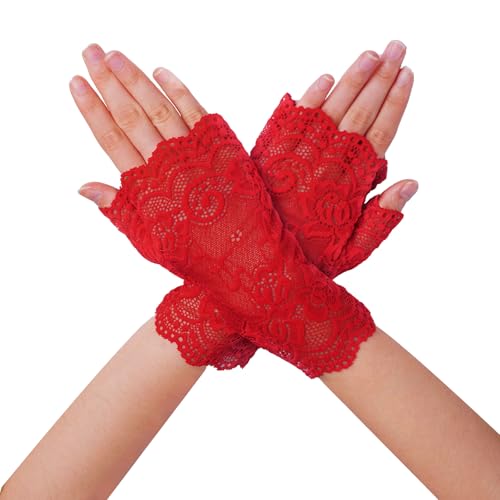 Lufdegim Damen Spitzenhandschuhe Fingerlose Handschuhe Kurze Party Spitze Satin handschuhe Teeparty Braut Hochzeits Oper Tanz Cosplay Kostüm Zubehör Elegante (1, Rot, 18cm)