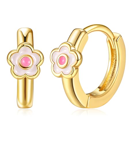 FANCH Creolen für Damen Mädchen 18K Vergoldet Daisy Creolen Ohrringe Kleiner Knorpel Gold Ohrring Leichte Hypoallergene Dasiy Blume Huggie Creolen für Alle Altersgruppen Rosa
