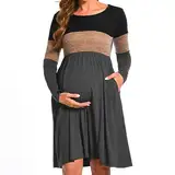 Bearsland Women’s Long Sleeve Maternity Dresses Patchwork Pregnancy Dress with Pocket, Brown, M