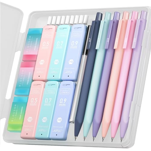 Four Candies Druckbleistift Set, 6 Stück Minenbleistift 0,5 & 0,7 &0,9 mm, 360 Minen HB, 3 Radierer, Mechanischer Bleistifte Coole Stifte Schulsachen Aesthetic School Stuff Clean Girl Stationery