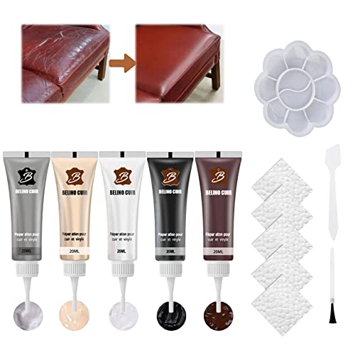 Lederreparatur Creme, 5 Farben Fiussigleder Reparatur Set, Mischbare Lederreparatursets, Leder Reparatursätze, Leder Restaurator, Leder Reparatur Set für Sofa, Lederjacke, Autositz, Schuhe, Mäntel