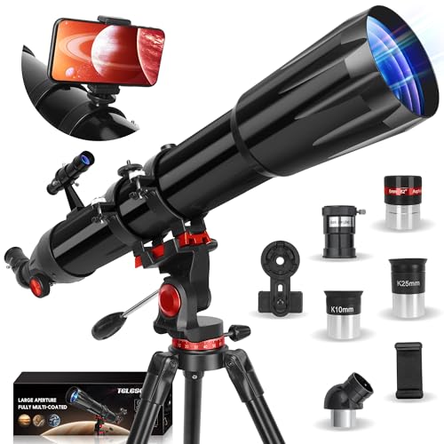 HETEKAN Teleskop, Teleskop Astronomie für Erwachsene, 90 mm Öffnung 900 mm, Profi Refraktor Teleskop für Kinder und Anfänger, Vergrößerung (36X-450X), zur Beobachtung von Planeten mit Edelstahlstativ