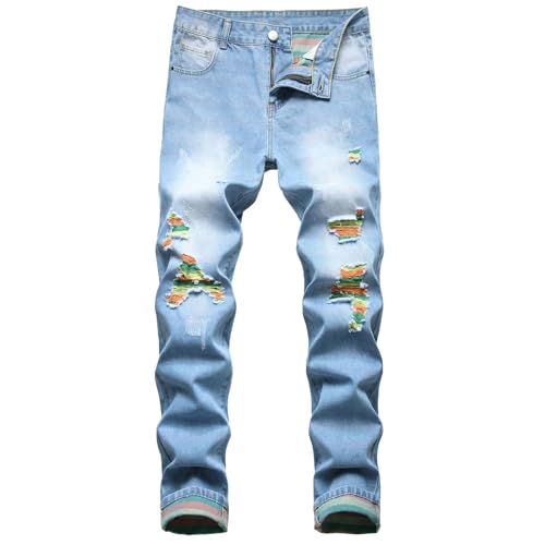 QWUVEDS Herrenmode, lässig, modisch, zerrissen, gerade Passform, Regenbogen-Jeans Jean Männer (Blue, S)