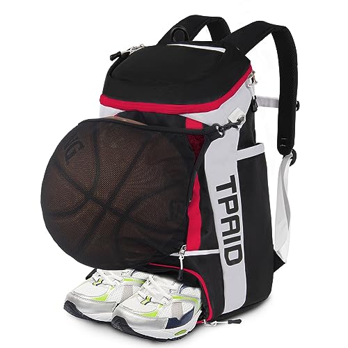 KINGSLONG Basketball Rucksack Fußballrucksack Große Kapazität Softball Tasche mit Schuhfach und Zaunhaken, leichte Fußball Volleyball Softball Ausrüstung für Schläger, Helme, Hüte, Schuhe/Rot