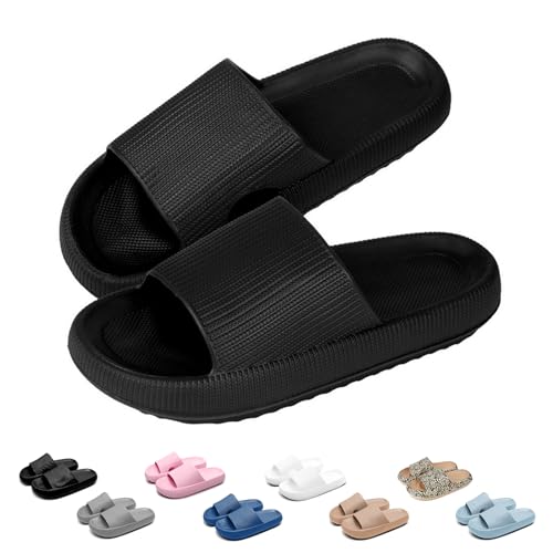 Geweo Badeschuhe Hausschuhe Herren Cozislides Original Damen Pillow Cloud Slippers Sommer Rutschfeste Dicker Sohle Weich Wolken Pantoletten Unisex Garten Dusche Strand Slides Schwarz2 EU 42-43