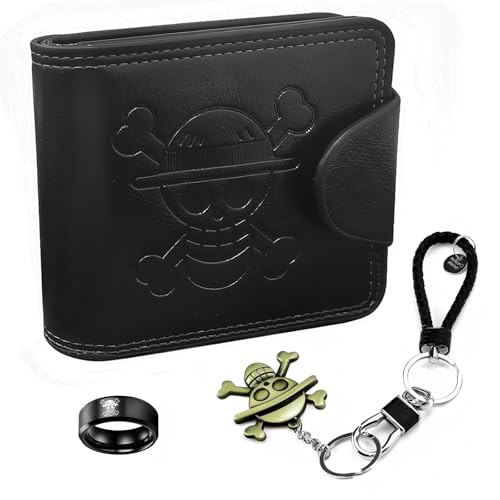 LbsAMP Geldbörse aus Leder Anime-Geldbörse mit Schlüsselanhänger und Totenkopf-Ring Cosplay Kreditkartenetui Geschenk für Anime-Fans Teenager(schwarz)