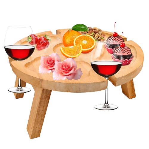 Jognee Klappbarer Picknicktisch aus Holz,Picknick Weintisch,Faltbarer Picknicktisch mit Rotweinglashalter,Outdoor Weintisch Klappbar Kleiner Strandtisch für Garten Reisen Camping Picknick Stran