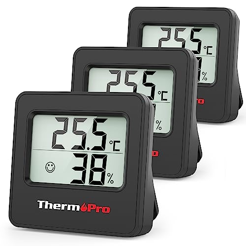 ThermoPro TP157 Mini Hygrometer Thermometer Innen 3er Set 0.5℃ Präzise Raumthermometer Luftfeuchtigkeitsmesser mit Smiley-Indikator Ideal für Wohnzimmer, Büro, Garage oder Gewächshaus, Schwarz