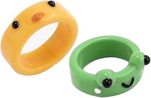 Enyolidimk Süßes Frosch-Küken-Ring-Set für Damen und Mädchen, 3D-Tierschmuck, modisch, lustig, personalisierbar, bunt, Schmuck, Geschenk für Party, Geburtstag, Schmuck, 2 Stück, Kunststoff