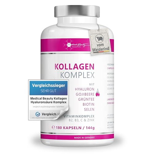 Premium Kollagen Hyaluronsäure Komplex - mit dem Superfood Gojibeere und Grüntee - 180 Kollagen Kapseln vom Weiderind. 1000mg Kollagen Hydrolysat, Biotin, Selen, Zink, Vitamine C, B2, B3. Laborgeprüft