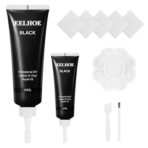 Leder Reparatur Set Schwarz, Lederreparatur Creme, 2 Stück 50ML+20ML Lederreparaturset Schwarz, Kunstleder Reparaturset mit Geprägtes Papier Spatel für Auto Lederlenkrad Sofa Gürtel Kratzer Risse